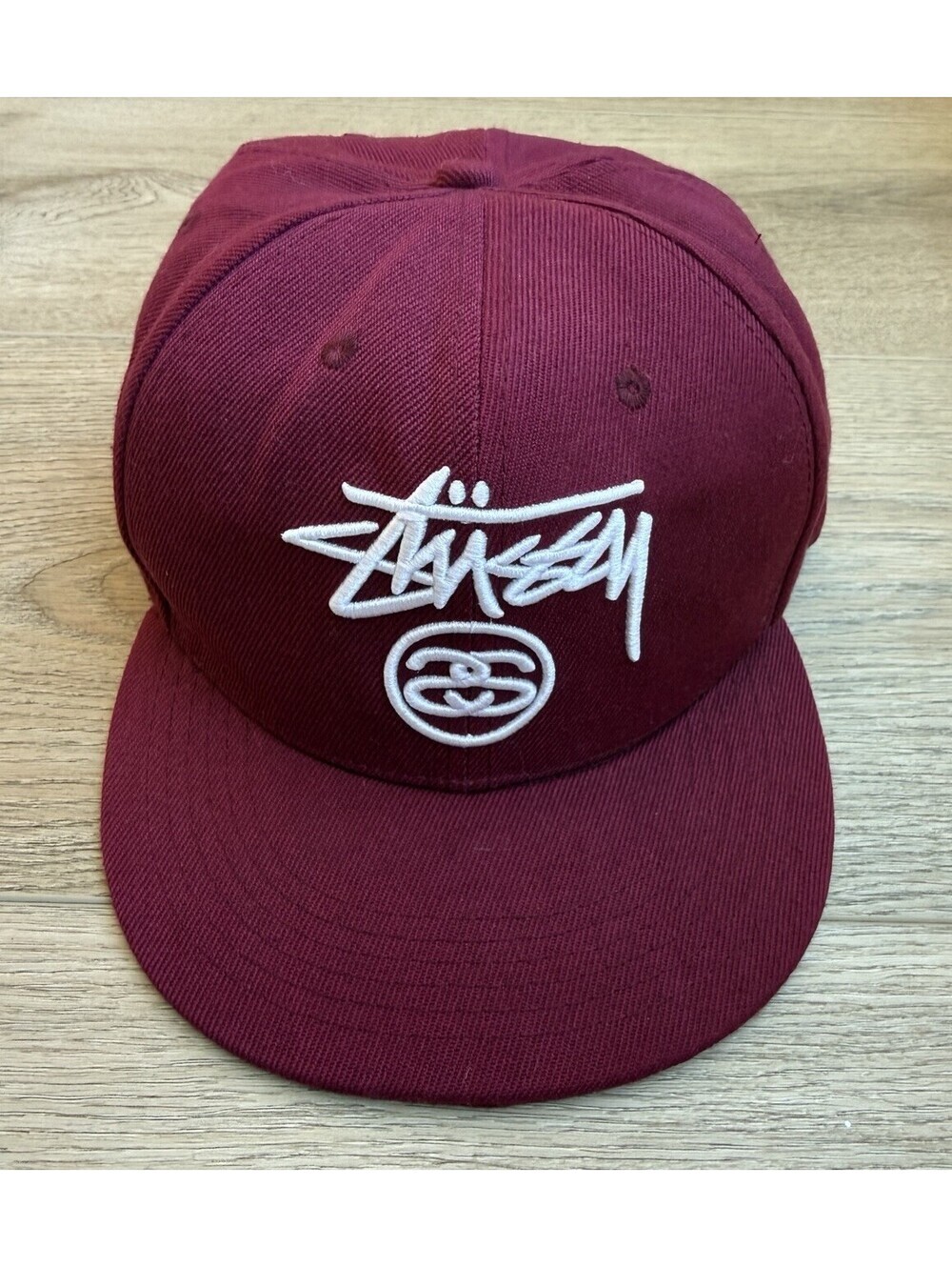 Stussy Stock Logo SS Link Snapback Hat Burgundy Red White Embroidered Streetwear